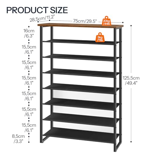 Shoe Rack, 8-Tier Shoe Shelf for Closet, 7 Fabric Shelves, Wooden Top, Large Shoe Organizer, Holds 24-28 Pairs of Shoes,