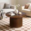 Round 31.5“ Unique Fluted Coffee Table,Small Brown Wood Tea Table,Mid Century Modern Boho Circle Rustic Center Table for Living