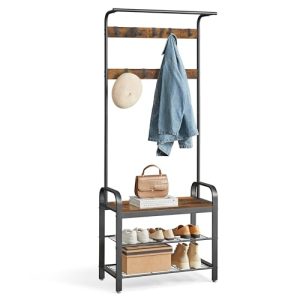 Coat Rack, Hall Tree with Shoe Bench for Entryway, Entryway Bench with Coat Rack, 4-in-1, with 9 Removable Hooks, a Hanging Rod,