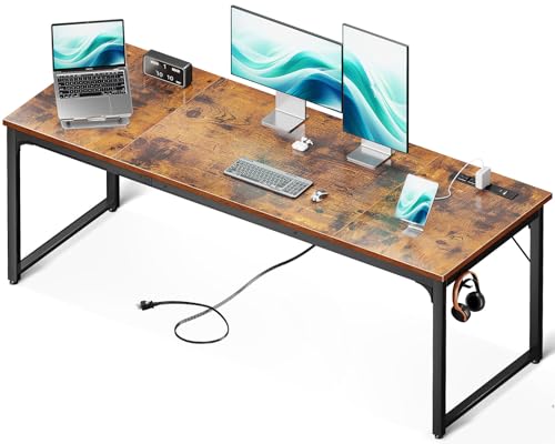 71 Inch Computer Desk with USB Ports, Large Office Desk, Long Study Student Writing Desk, Rustic Brown