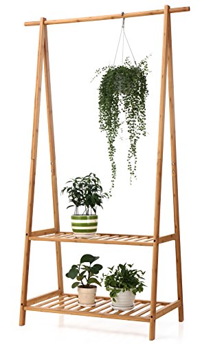 Bamboo Clothes Rack Portable Extra Large Garment Rack 2-Tire Storage Box Shelves For Entryway and Bed Room Patented Design