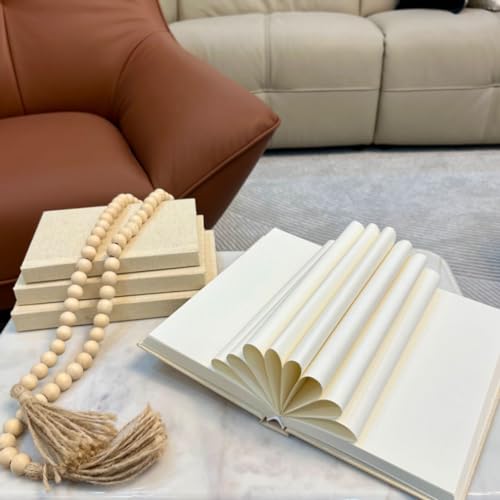 Linen Covered Decorative Books 4 Pieces, Neutral Home Decor Coffee Table Books with Wooden Beaded Tassel, Stacked Books for