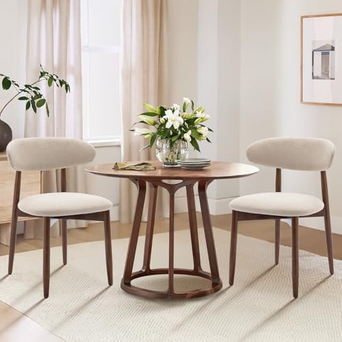 Wooden Dining Chairs Set of 2, Modern Fabric Upholstered Kitchen Side Chairs, Farmhouse Dining Room Chair with Foot Pegs, Beige