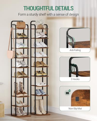 10 Tiers Vertical Shoe Rack, Narrow Shoe Tower, Tall Shoes Shelf with 2 Hooks, Adjustable Shelves, Corner Shoes Shelves for