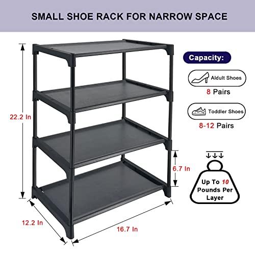 4 Tiers Small Shoe Rack,Narrow Stackable Shoe Shelf Organizer,Sturdy Shoe Stand, Non-Woven Fabric Metal Shoe Racks for Entryway,
