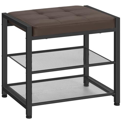 Small Shoe Bench, 3-Tier Shoe Rack, Shoe Storage Bench with PU Seat Cushion, Entryway Shoe Rack Bench with Metal Mesh Shelves,