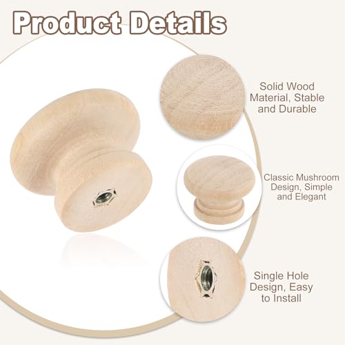5Pcs Round Wood Drawer Knob, 1.3" x 0.98" Round Cabinet Knobs Mushroom Shape Wooden Knobs with Screws for Furniture Drawer
