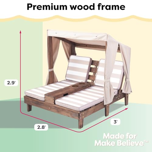 Wooden Outdoor Double Chaise Lounge with Cup Holders, Patio Furniture for Kids or Pets, Espresso with Oatmeal and White Striped