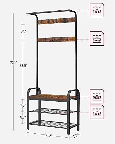 Coat Rack, Hall Tree with Shoe Bench for Entryway, Entryway Bench with Coat Rack, 4-in-1, with 9 Removable Hooks, a Hanging Rod,