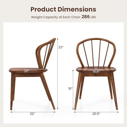 Wooden Dining Chairs Set of 2, Windsor Kitchen Chairs w/High Spindle Back & Rubber Wood Legs, Wide Seat & Curved Backrest,