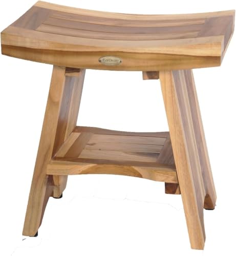 18 Inch Serenity 300 Pound Capacity Waterproof Teak Wood Shower Bench Stool Seat Chair For Inside Shower Storage Shelf Provides