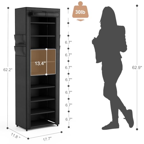 Shoe Rack with Cover Narrow Shoe Organizer with 4 Side Pockets 10 Tier Tall Shoe Storage Holds 18-22 Pairs Shoes and Boots Shoe