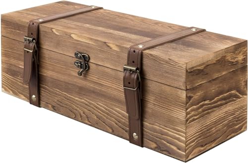 Vintage Wooden Wine Gift Box - Single Bottle Holder with Locking Latch & Leather Straps, Rustic Brown Wedding Champagne, Beer