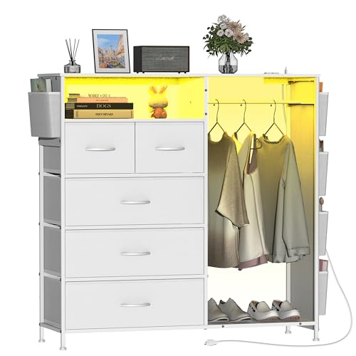 Dresser for Bedroom with Clothes Rack Side Pockets White 5 Drawers Dresser with Charging Station LED Lights Sturdy Steel Frame