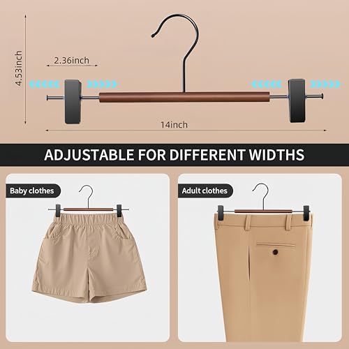 Wooden Pants Hangers with Clips 14Inch 20 Pack Adjustable Wood Skirt Hangers for Women&Men Space Saving Closet Non Slip Clothes