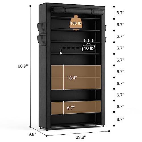 10 Tier Shoe Rack with Covers,Large Capacity Stackable Tall Shoe Shelf Storage to 50-55 Pairs Shoes and Boots Sturdy Metal Free