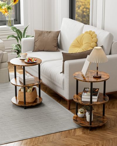 Small Round End Table - 3 Tier Design Accent Table, Narrow Side or Bedside Stand, Industrial Vintage Nightstand for Bedroom,