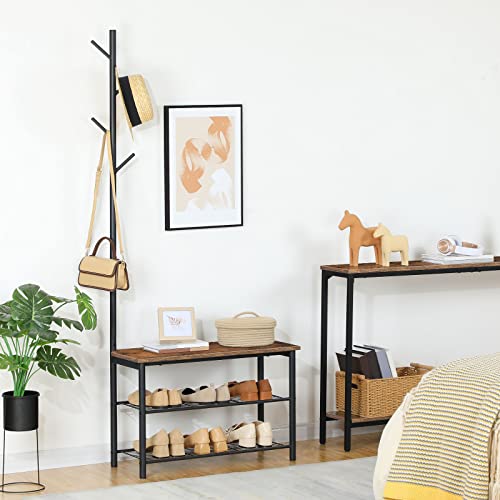 Coat Rack Shoe Bench, 3-Tier Shoe Rack, Industrial Shoe Organizer Storage Bench, Entry Bench with Mesh Shelves, for Entryway,