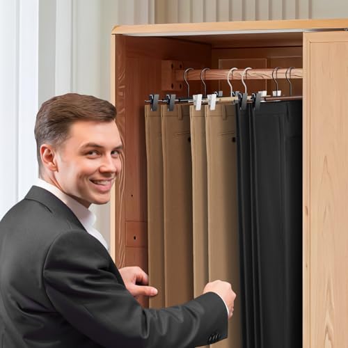 Wooden Pants Hangers with Clips 14Inch 20 Pack Adjustable Wood Skirt Hangers for Women&Men Space Saving Closet Non Slip Clothes