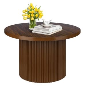 Round 31.5“ Unique Fluted Coffee Table,Small Brown Wood Tea Table,Mid Century Modern Boho Circle Rustic Center Table for Living