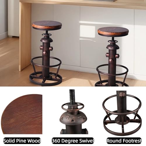 Vintage Swivel Bar Stool Industrial Coffee Kitchen Dining Chair Fire Hydrant Design Height Adjustable 24.8-30.7inch Solid Wooden