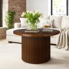 Round 31.5“ Unique Fluted Coffee Table,Small Brown Wood Tea Table,Mid Century Modern Boho Circle Rustic Center Table for Living
