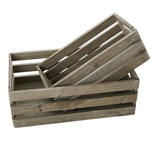 Rustic Brown Wood Decorative Storage Boxes with Cutout Handles - Country Style Nesting Crates, Open Top Pallet Design Bins, Set