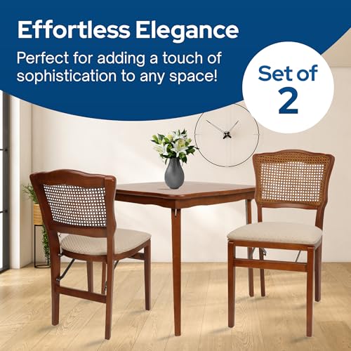 Stakmore French Cane Wooden Folding Chairs with Padded Seats, Set of 2 - No Assembly Foldable Dining Chairs, Steel Folding