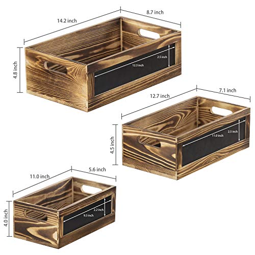 Rustic Burnt Wood Nesting Storage Bins with Chalkboard Panel and Cutout Handles, Decorative Farmhouse Wooden Stackable Open Top