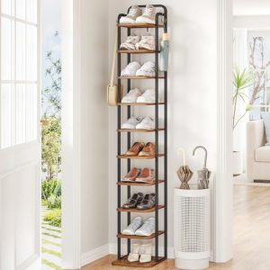 10 Tiers Vertical Shoe Rack, Narrow Shoe Tower, Tall Shoes Shelf with 2 Hooks, Adjustable Shelves, Corner Shoes Shelves for