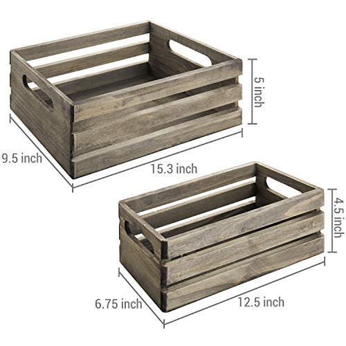 Rustic Brown Wood Decorative Storage Boxes with Cutout Handles - Country Style Nesting Crates, Open Top Pallet Design Bins, Set