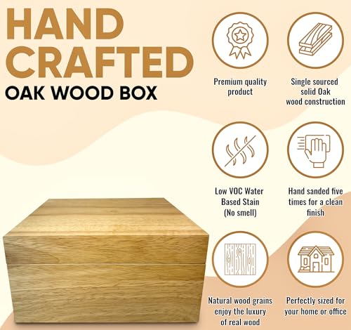 Wooden Eco Box with Hinged Lid - Solid Oak Wood Storage Box with Lid - Wooden Keepsake Box - Decorative wooden boxes with lids