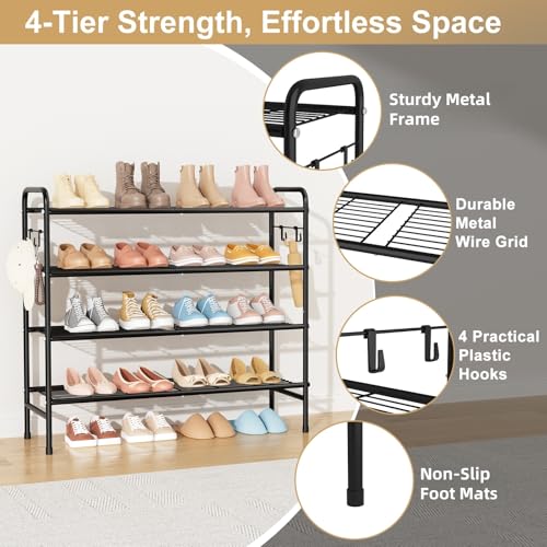 4-Tier Shoe Rack 33" Wide Metal Shoe Organizer Long Shoe Storage with 4 Side Hooks Sturdy Shoes Shelf for Closet, Front Door