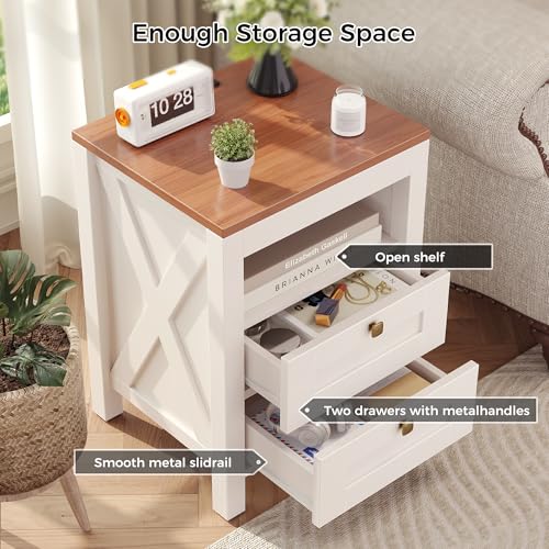 Nightstand Set of 2 with Charging Station, End Table, 18" Farmhouse Side Table with 2 Storage Drawers, Rustic Wooden Sofa Table,