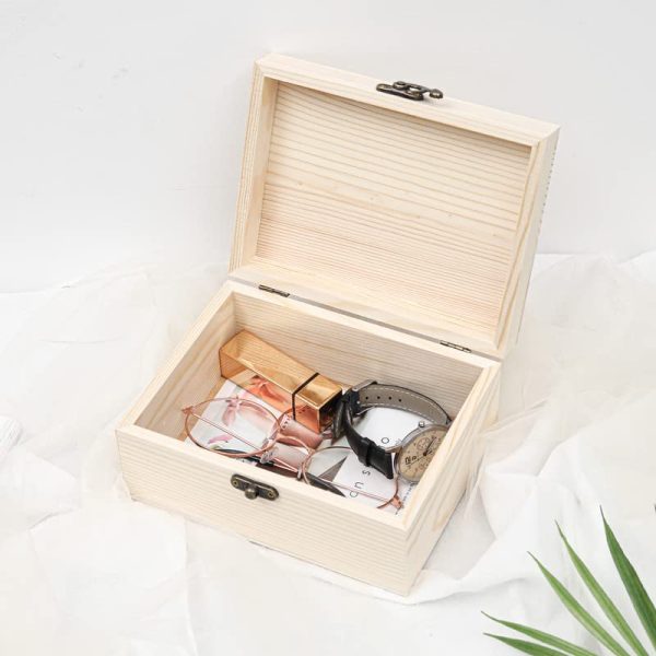 (1-Pack Unfinished Unpainted Wooden Box with Hinged Lid for Crafts DIY Storage Jewelry Plain Pine Box - Small 6.7"x5.1"x3.1"