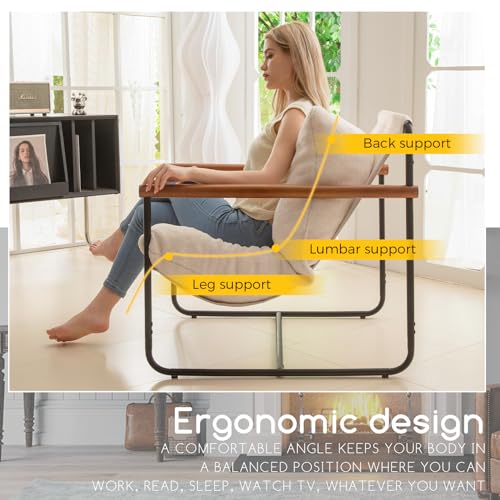 Modern Accent Chair, Living Room Chair with Wood Armrests, Shredded Foam Cushion, and Sturdy Metal Frame Reading Chair, Beige