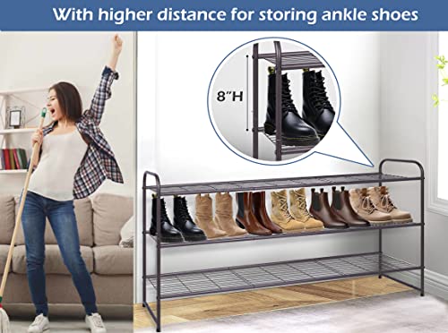 Long 3 Tier Shoe Rack for Closet Wide Shoe Storage Organizer Stackable Metal Shoe Shelf for 24 Pairs Men Sneakers with Wire Grid