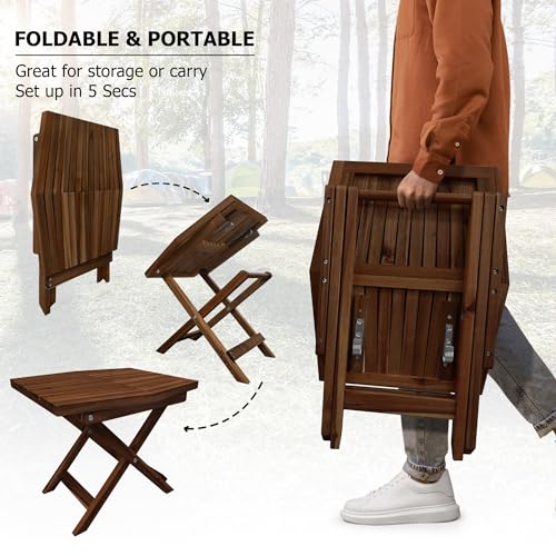 Wooden Folding Table - Original Acacia Wooden Small Foldable End Coffee Tables - FSC Certified Solid Wood Patio Side Table -