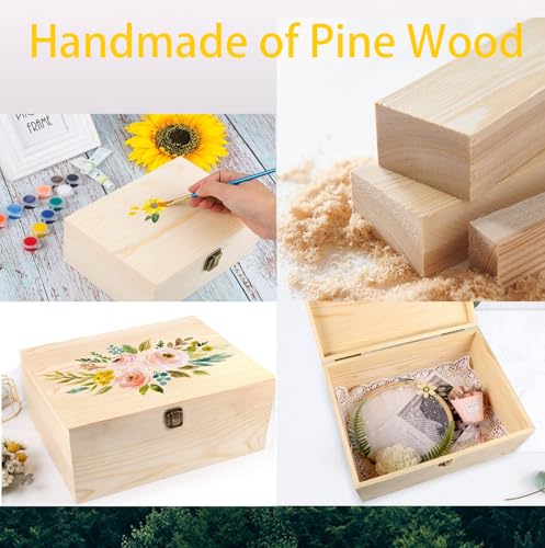 Wooden Box with Hinged Lid - 8x6x3 Inch Natural Gift Box for Craft DIY Jewelry Boxes - Small Reusable Storage for Home Decor Art