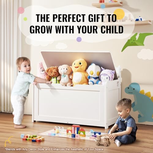 Wooden Toy Chest for Kids, Toddler Toy Storage Box with Flip-Top Lid and Safety Hinge, 32.68 x 17.91 x 24.02 Large Kids Storage