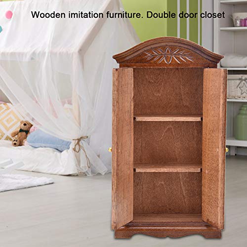 Dollhouse Wooden Wardrobe, 1:12 Scale Mini Vintage Wooden Double Door Closet Wardrobe Dolls House Accessory Dollhouse