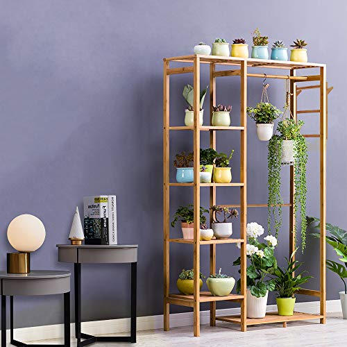 Bamboo Garment Rack 6 Tier Storage Shelves Clothes Hanging Stand with Side Hooks, Heavy Duty Clothing Rack Portable Wardrobe