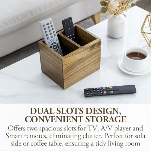 Premium Acacia Solid Wood Tabletop TV Remote Control Holder with 2 Slots, Rustic Wooden Universal Remotes Storage Box, Sofa