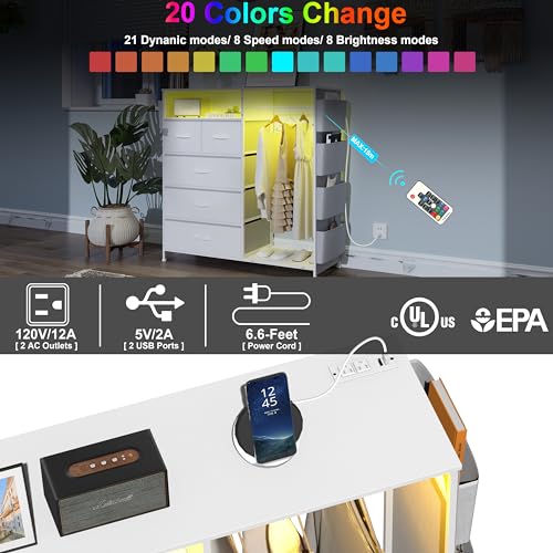 Dresser for Bedroom with Clothes Rack Side Pockets White 5 Drawers Dresser with Charging Station LED Lights Sturdy Steel Frame