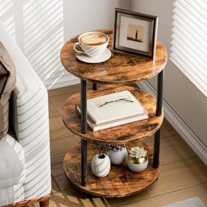 Small Round End Table - 3 Tier Design Accent Table, Narrow Side or Bedside Stand, Industrial Vintage Nightstand for Bedroom,