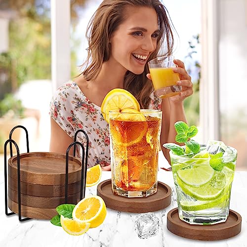 6 Pcs Best Wooden Coasters with Holder Coffee Table Decor Acacia Wood Coaster Set Modern Cup Coaster for Drink Home Dining Table