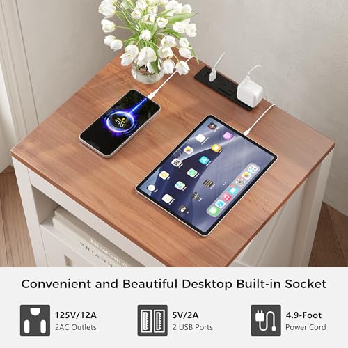 Nightstand Set of 2 with Charging Station, End Table, 18" Farmhouse Side Table with 2 Storage Drawers, Rustic Wooden Sofa Table,
