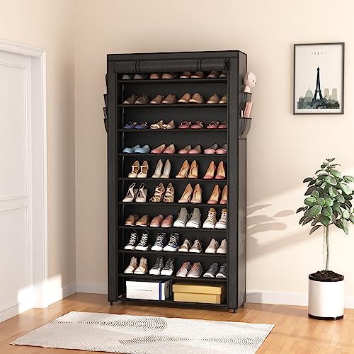 10 Tier Shoe Rack with Covers,Large Capacity Stackable Tall Shoe Shelf Storage to 50-55 Pairs Shoes and Boots Sturdy Metal Free
