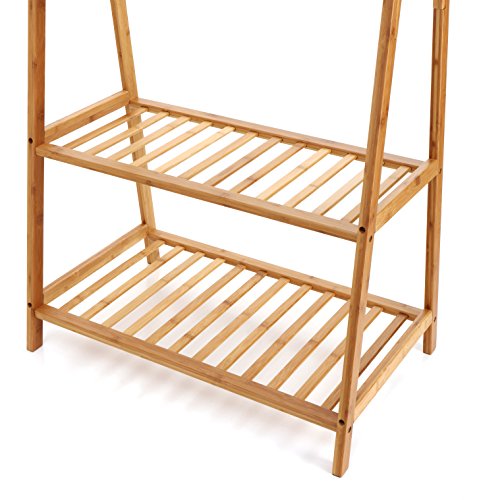 Bamboo Clothes Rack Portable Extra Large Garment Rack 2-Tire Storage Box Shelves For Entryway and Bed Room Patented Design