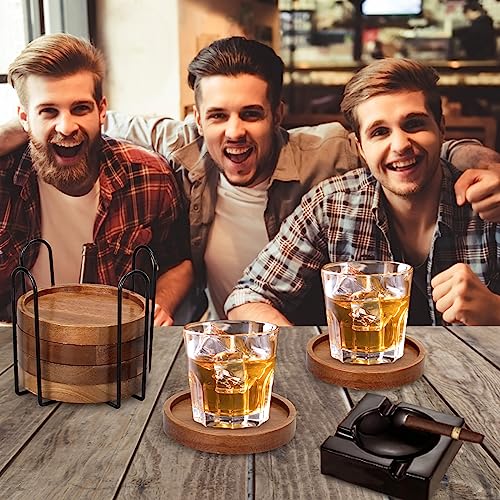 6 Pcs Best Wooden Coasters with Holder Coffee Table Decor Acacia Wood Coaster Set Modern Cup Coaster for Drink Home Dining Table
